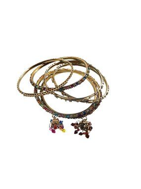 6 Indian Bollywood Gold Bangle Bracelets Multicolor Beads & Dangling Charms